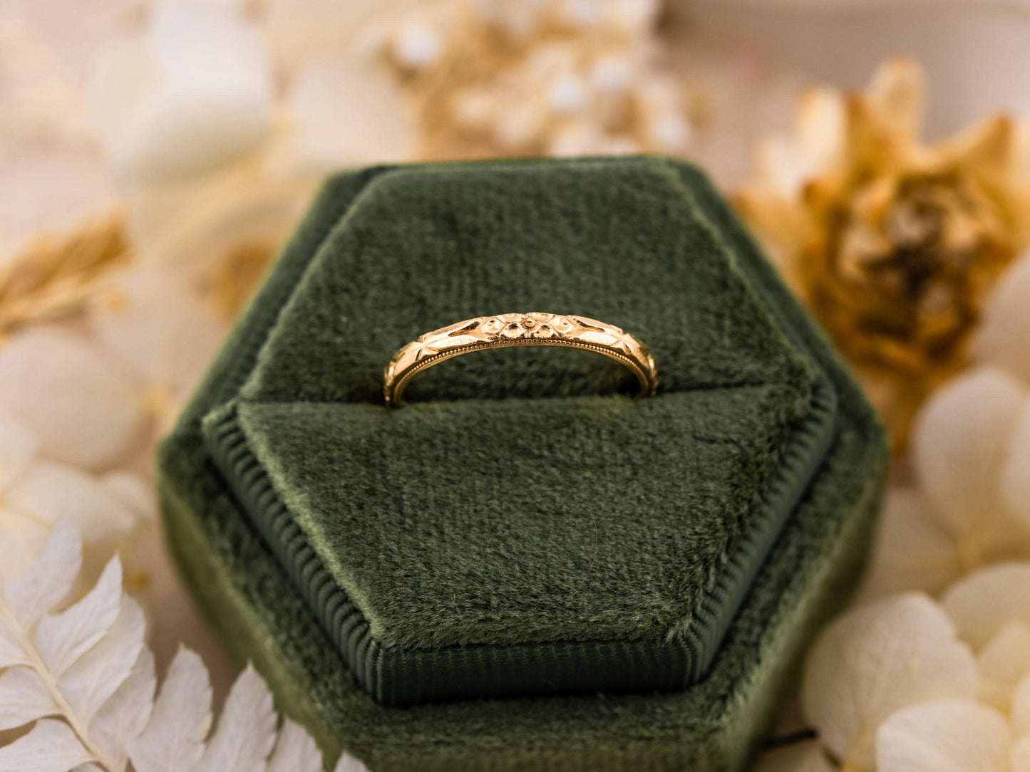 Vintage Art Deco band Orange Blossom Engraved Wedding Band 14k Yellow Gold handmade ring