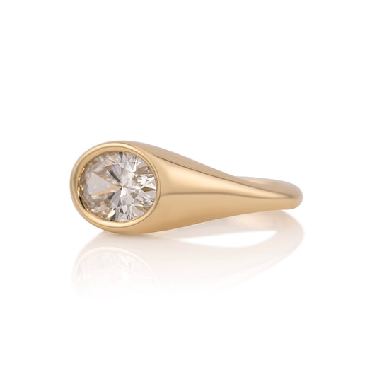 Side profile of the east west oval ring showing the smooth bezel setting
