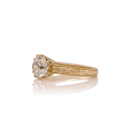 Side profile of the Madelaine ring showing the hand engraved band