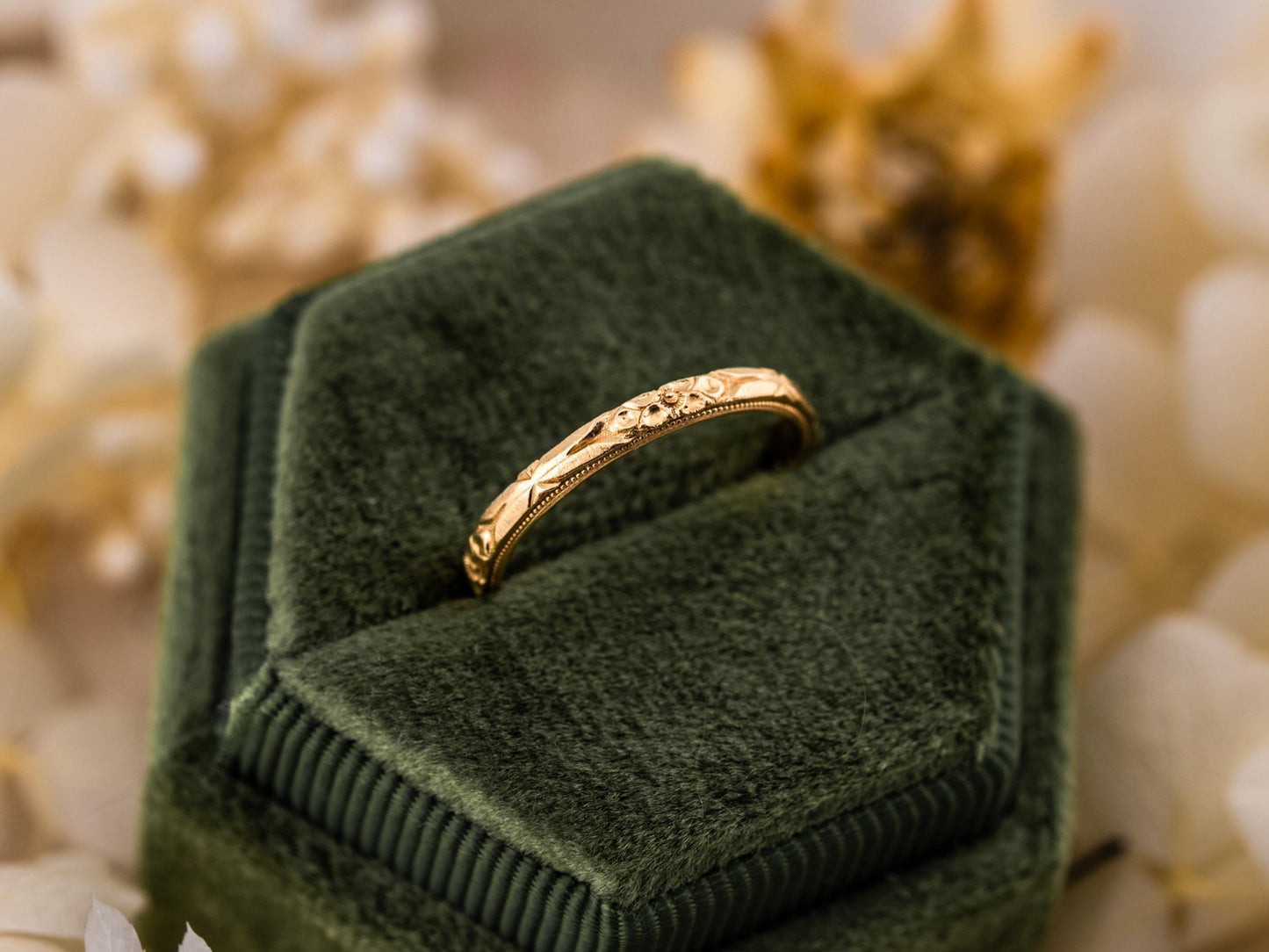Vintage Art Deco band Orange Blossom Engraved Wedding Band 14k Yellow Gold handmade ring