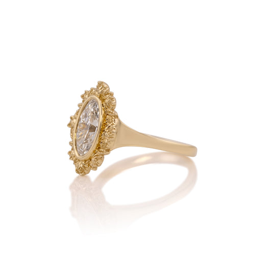 Side profile of the Rosette ring showing the sculpted rose and floral halo