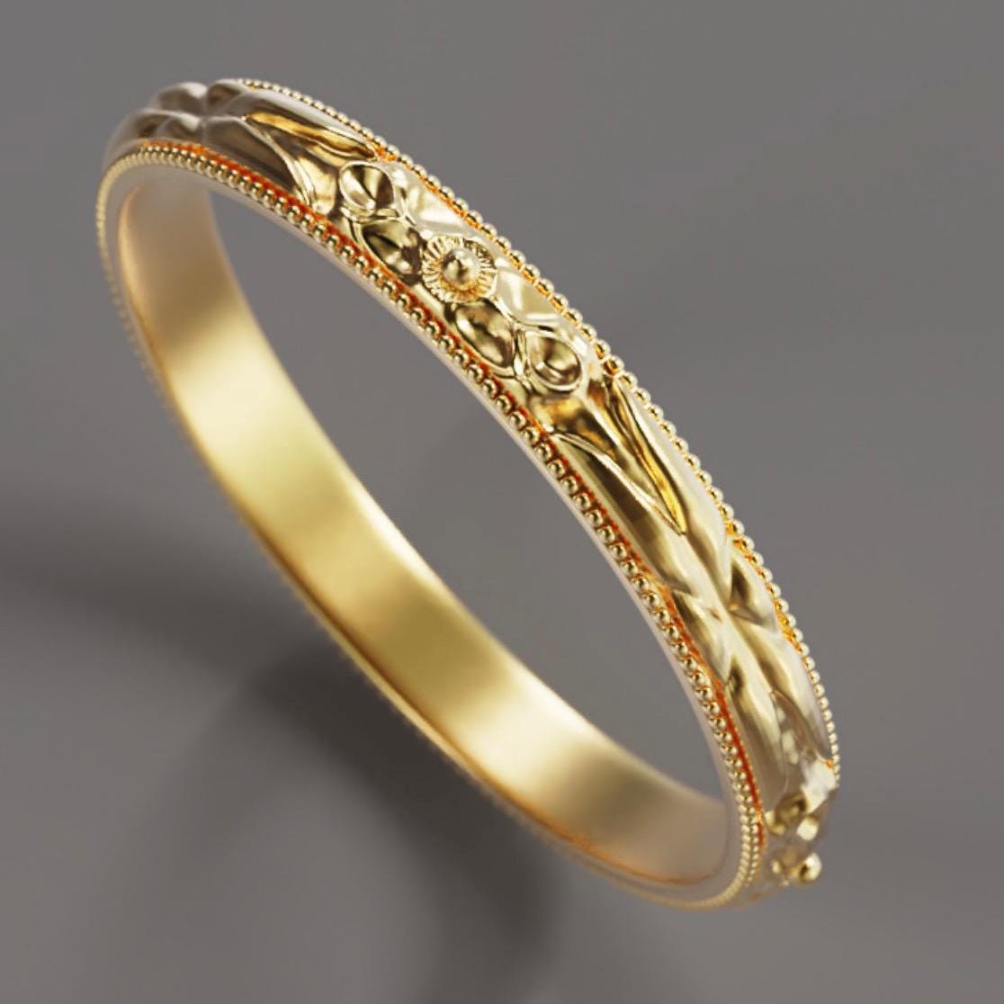 Vintage Art Deco band Orange Blossom Engraved Wedding Band 14k Yellow Gold handmade ring
