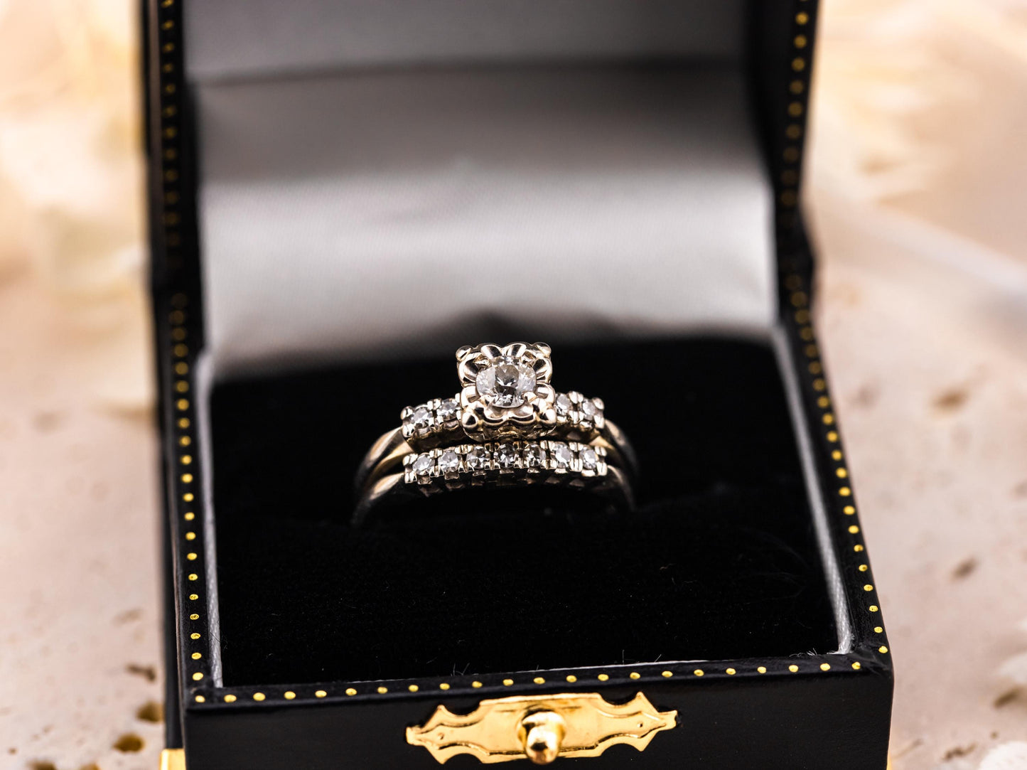Vintage bridal set engagement ring and wedding band set 14k solid gold old European cut engagement ring round cut antique wedding rings