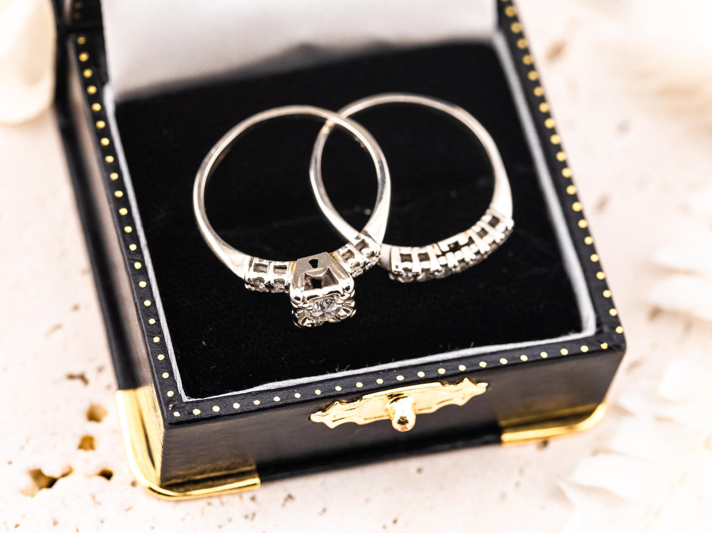 Vintage bridal set engagement ring and wedding band set 14k solid gold old European cut engagement ring round cut antique wedding rings