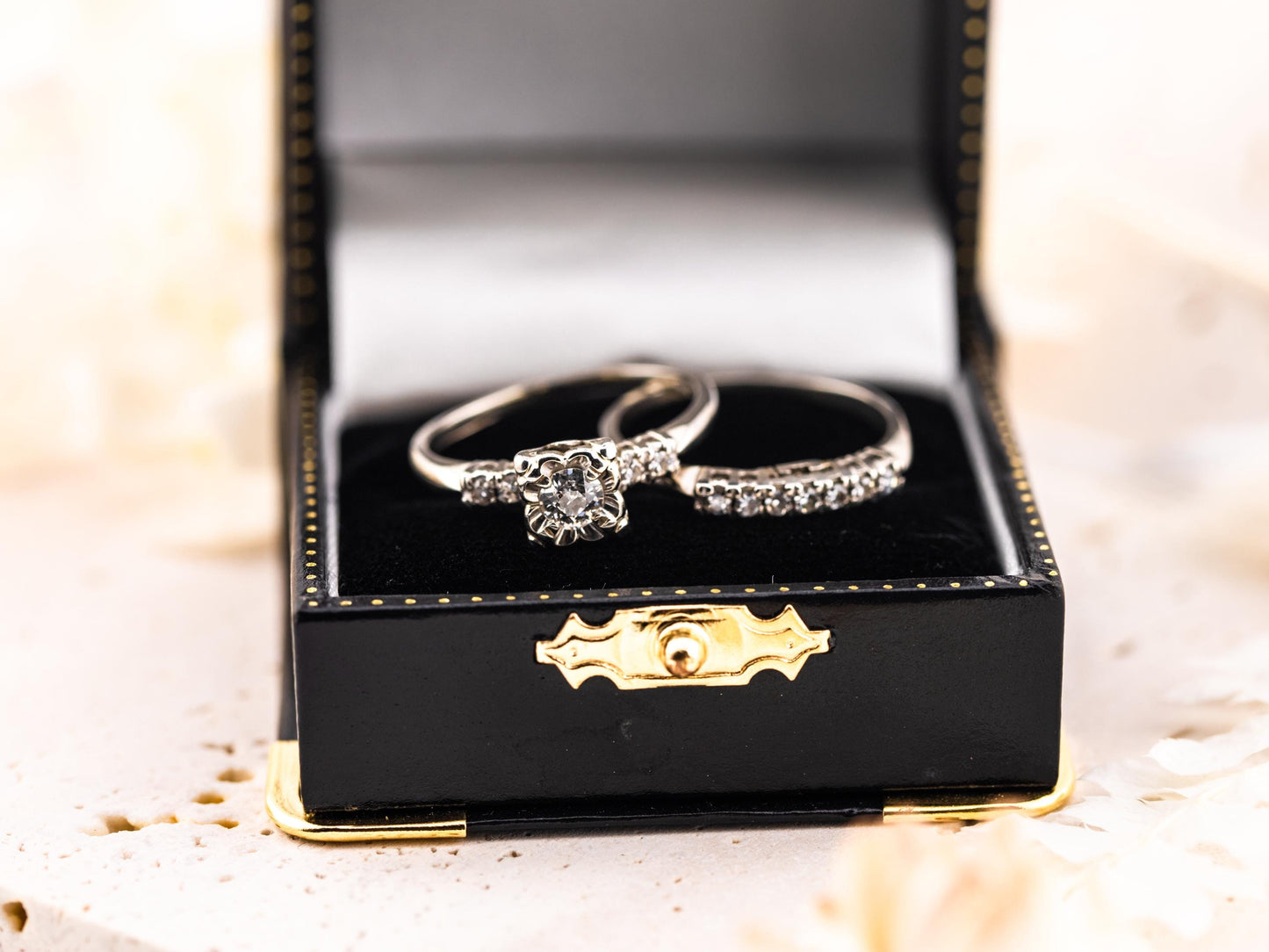 Vintage bridal set engagement ring and wedding band set 14k solid gold old European cut engagement ring round cut antique wedding rings