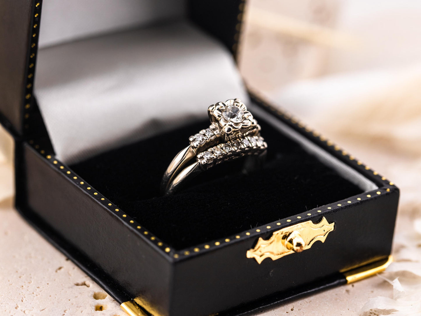 Vintage bridal set engagement ring and wedding band set 14k solid gold old European cut engagement ring round cut antique wedding rings