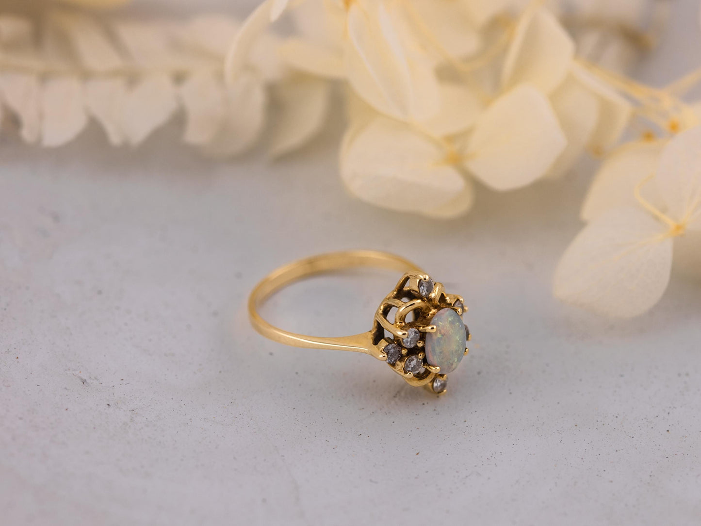 Vintage opal ring opal and diamond ring 14k solid gold statement or engagement ring, genuine antique vintage oval cut ring, size 7