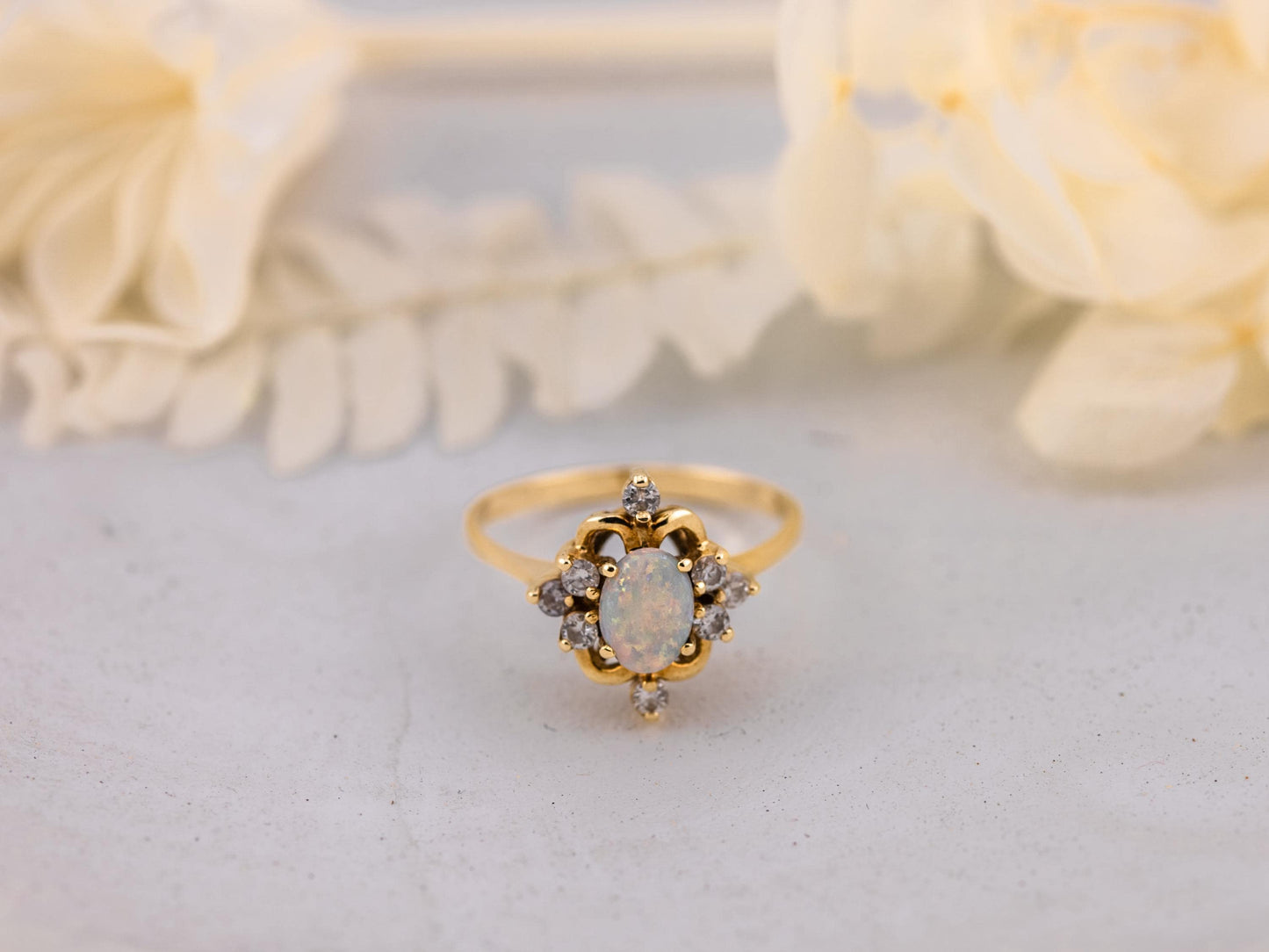 Vintage opal ring opal and diamond ring 14k solid gold statement or engagement ring, genuine antique vintage oval cut ring, size 7