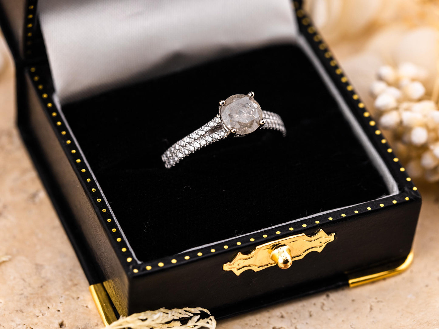 Salt and pepper diamond engagement ring with pave band 14k solid white gold engagement ring round cut 1.59ct natural diamond ring, size 6.5