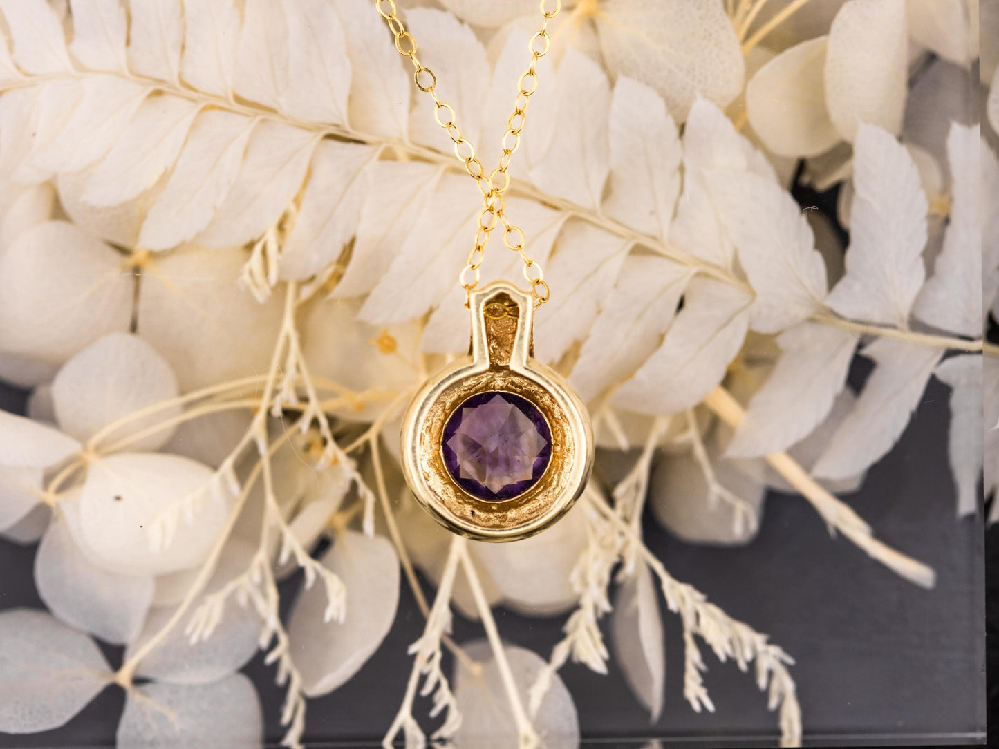 Vintage Amethyst necklace pendant 14k solid gold necklace bezel set chunky statement piece heirloom jewelry