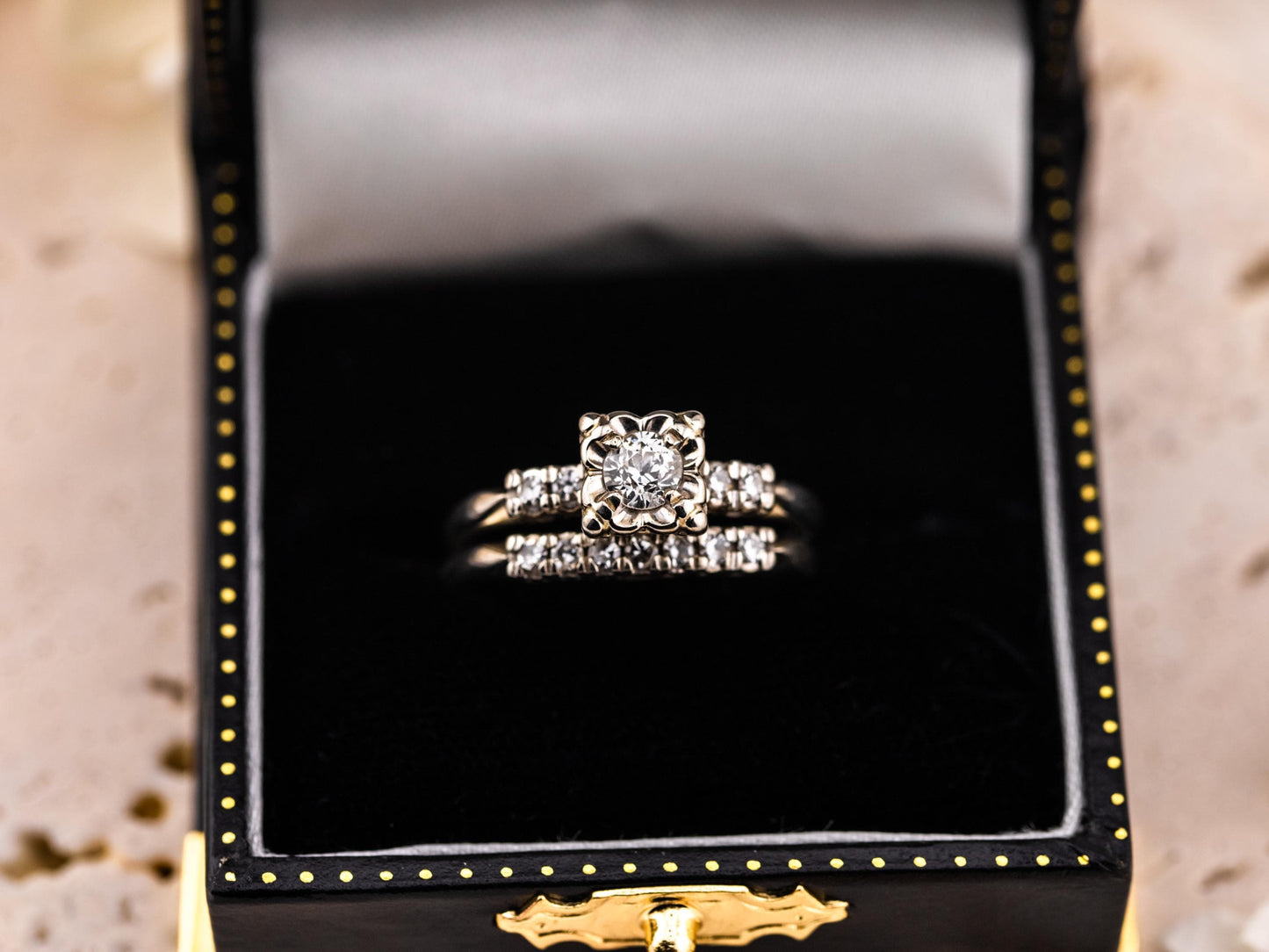 Vintage bridal set engagement ring and wedding band set 14k solid gold old European cut engagement ring round cut antique wedding rings