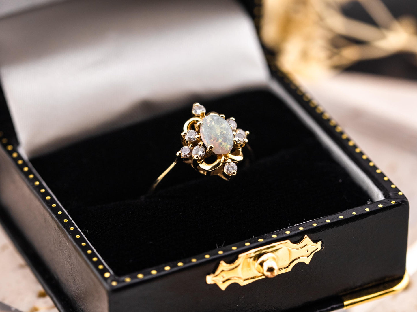 Vintage opal ring opal and diamond ring 14k solid gold statement or engagement ring, genuine antique vintage oval cut ring, size 7
