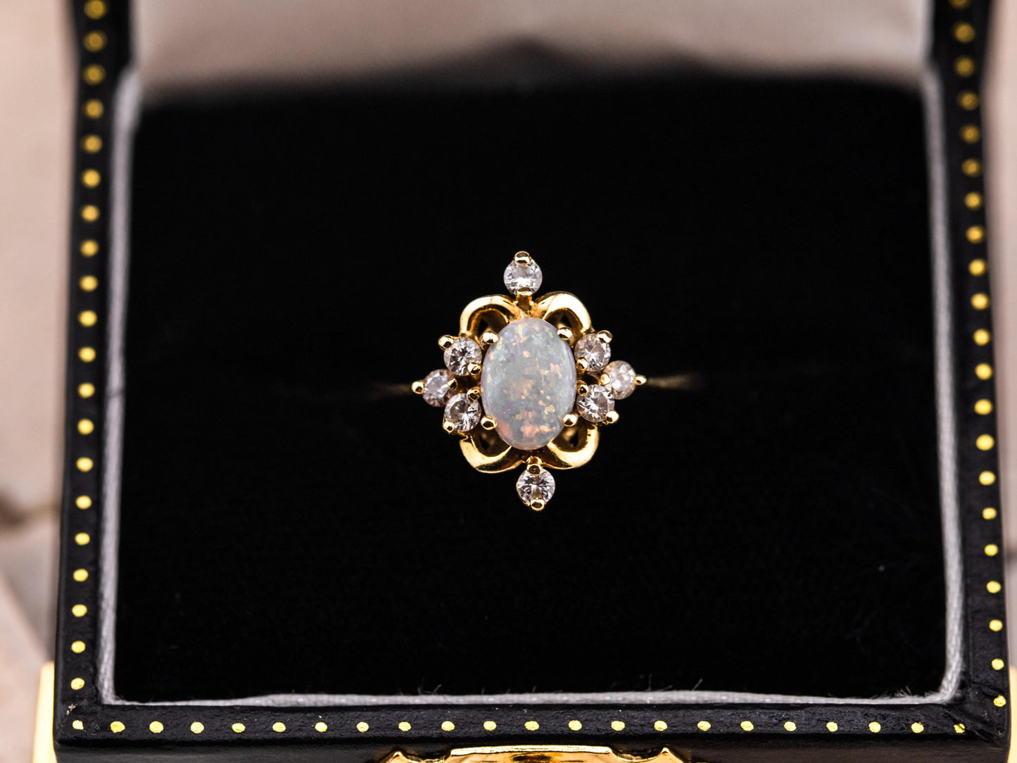 Vintage opal ring opal and diamond ring 14k solid gold statement or engagement ring, genuine antique vintage oval cut ring, size 7