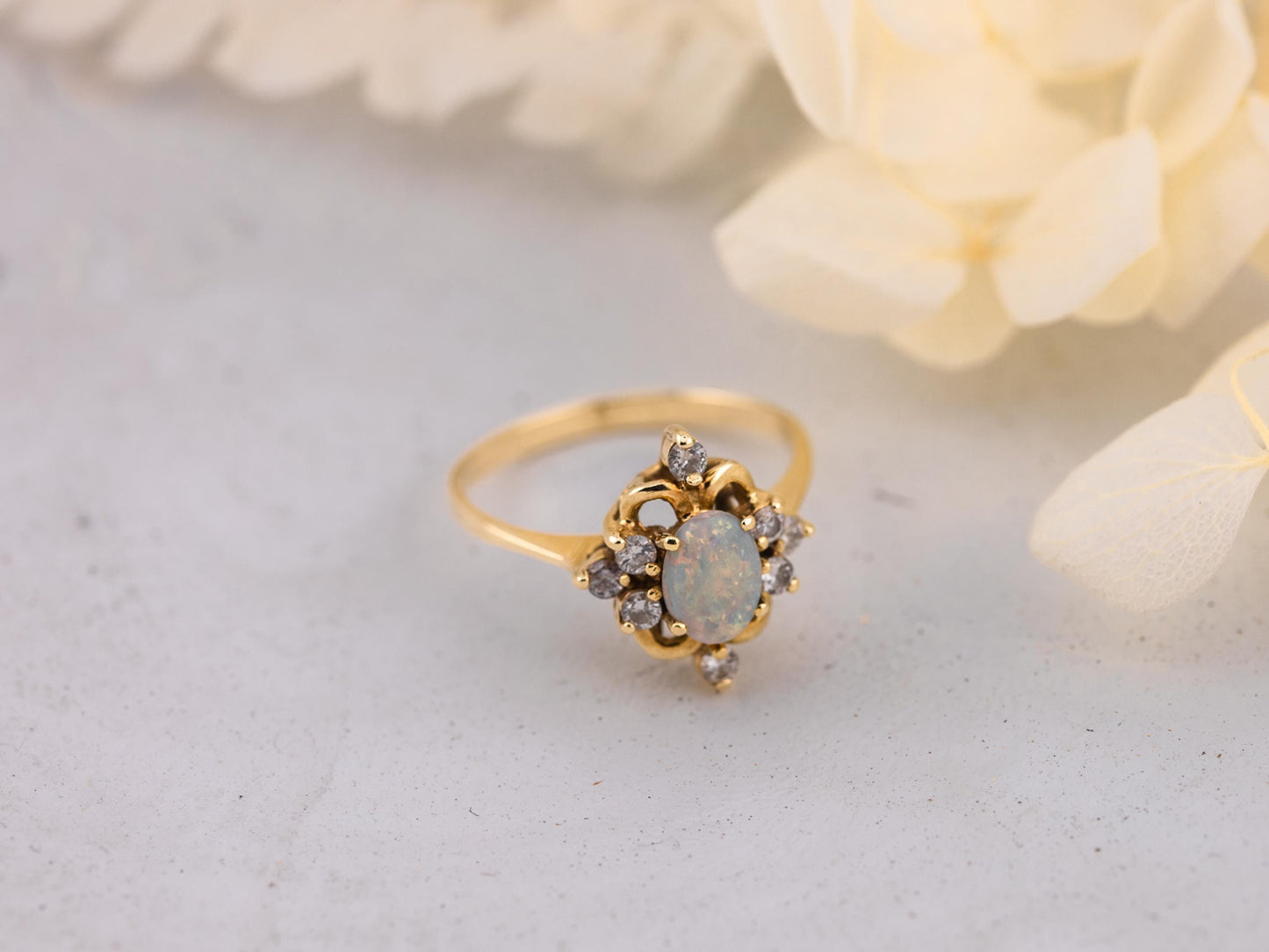 Vintage opal ring opal and diamond ring 14k solid gold statement or engagement ring, genuine antique vintage oval cut ring, size 7