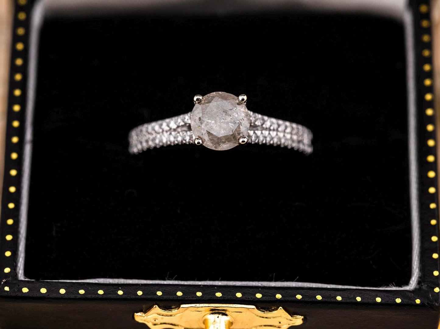 Salt and pepper diamond engagement ring with pave band 14k solid white gold engagement ring round cut 1.59ct natural diamond ring, size 6.5