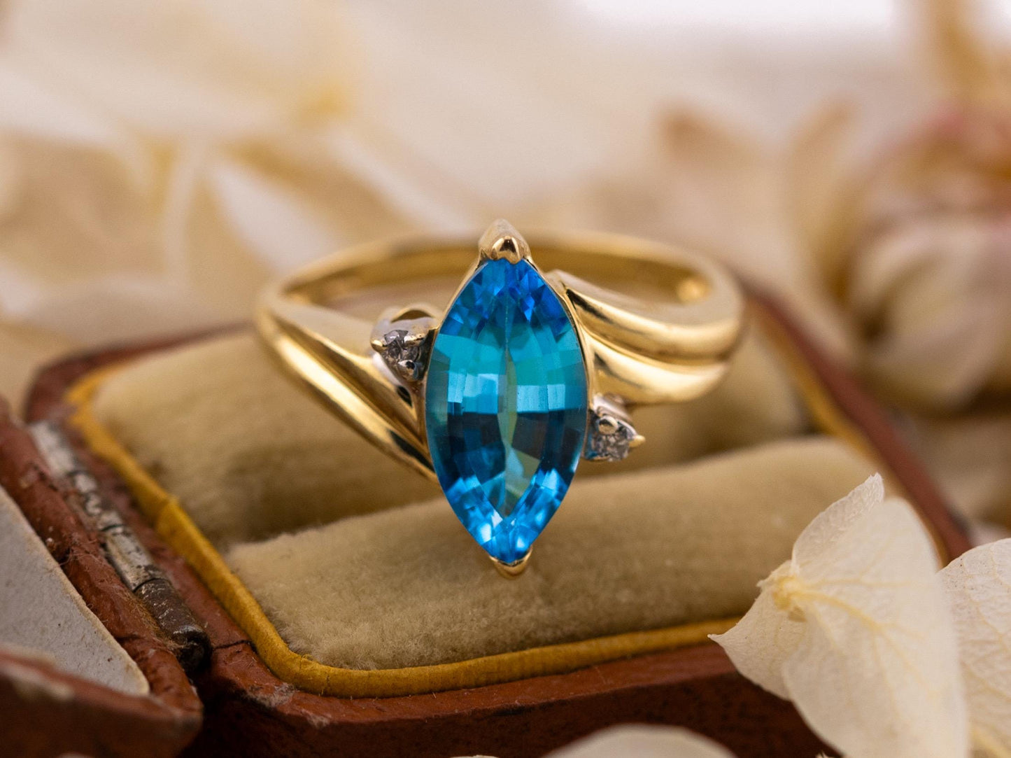 Vintage topaz marquise ring with diamonds 14k solid yellow gold ring blue topaz and diamond bypass ring, Size 5.75