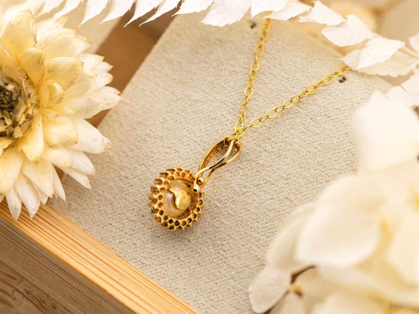 Vintage Pearl and diamond Necklace Pendant 14k solid yellow gold Necklace halo genuine cultured pearl and diamond necklace