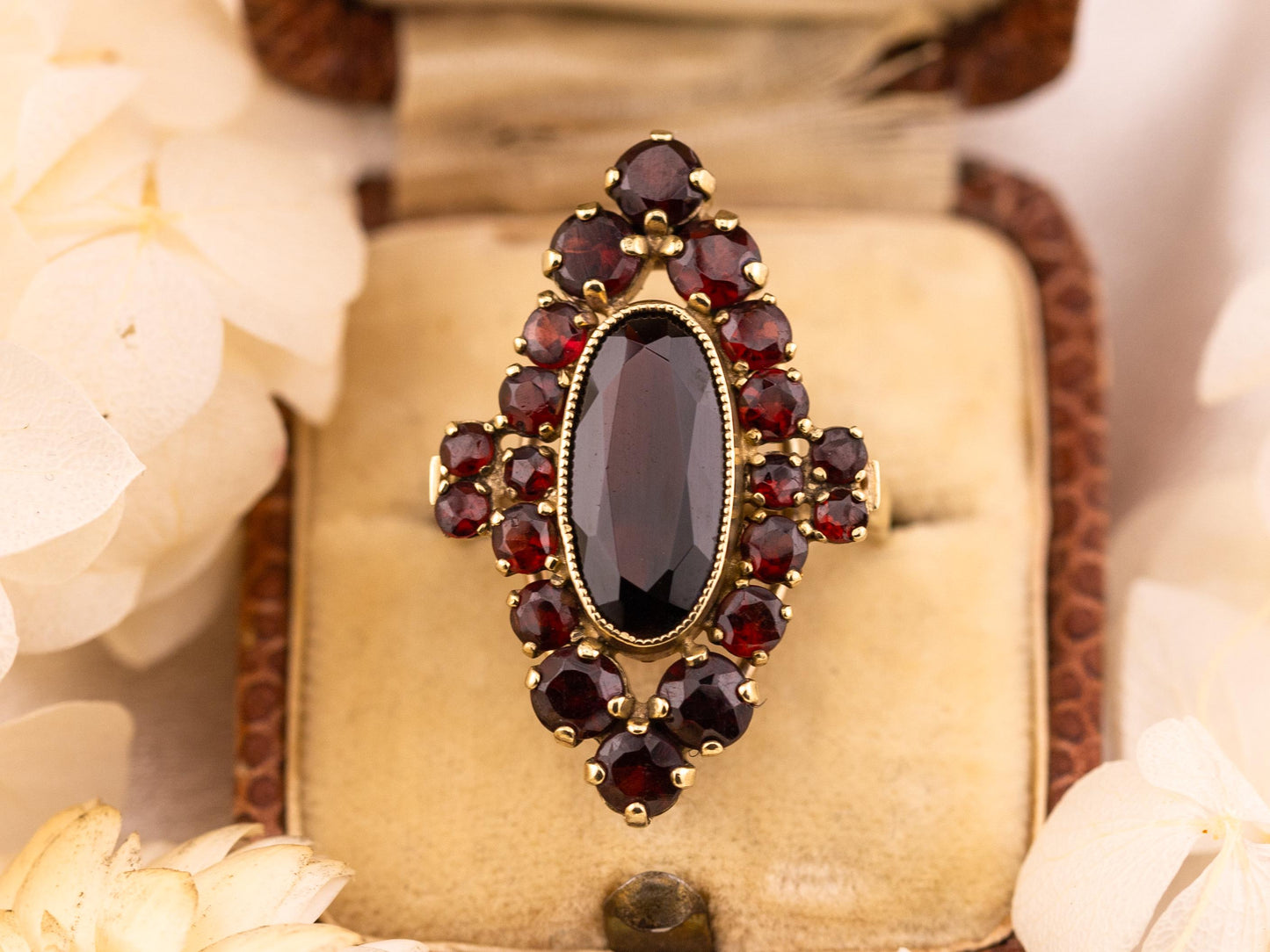 Vintage Garnet Ring 8k solid yellow gold marquise oval garnet halo ring January birthstone ring art deco ring, Size 8