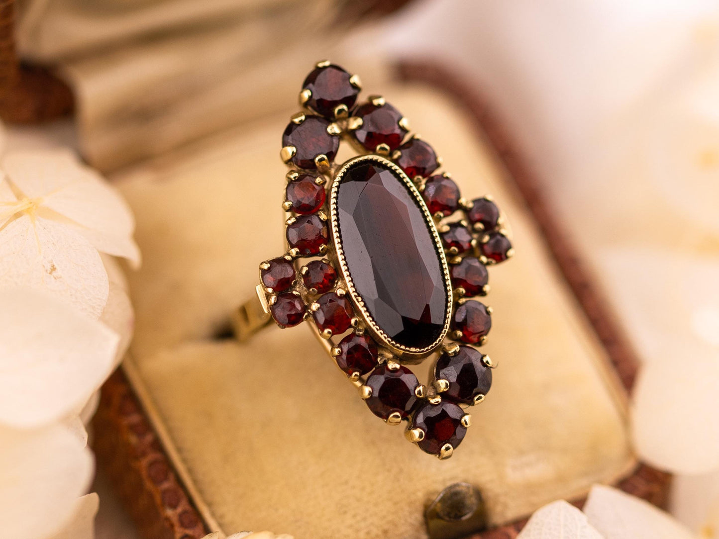 Vintage Garnet Ring 8k solid yellow gold marquise oval garnet halo ring January birthstone ring art deco ring, Size 8
