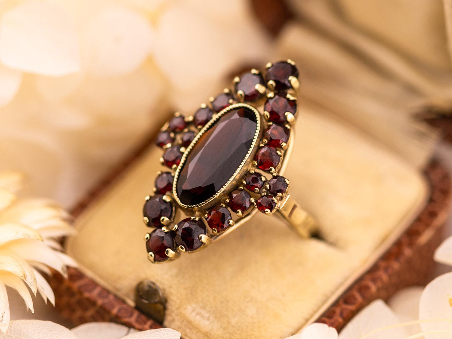 Vintage Garnet Ring 8k solid yellow gold marquise oval garnet halo ring January birthstone ring art deco ring, Size 8