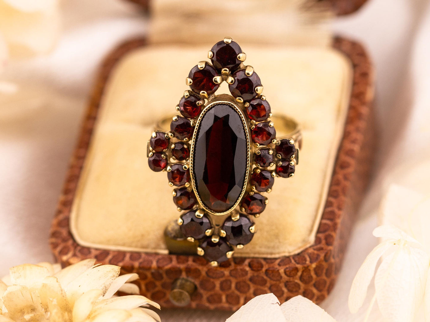 Vintage Garnet Ring 8k solid yellow gold marquise oval garnet halo ring January birthstone ring art deco ring, Size 8
