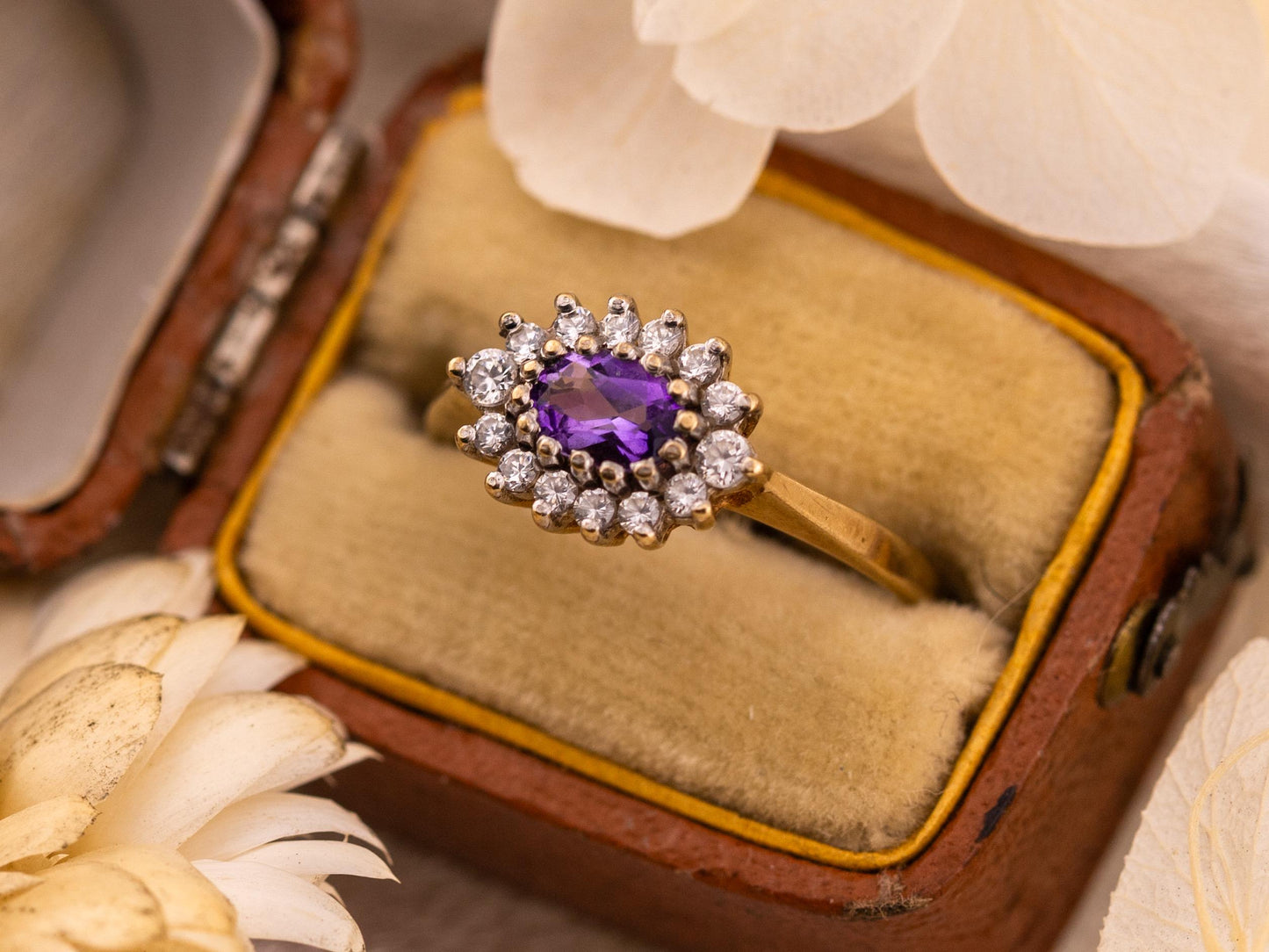 Vintage amethyst ring east to west 9k solid yellow gold ring amethyst halo ring oval cut, Size 7
