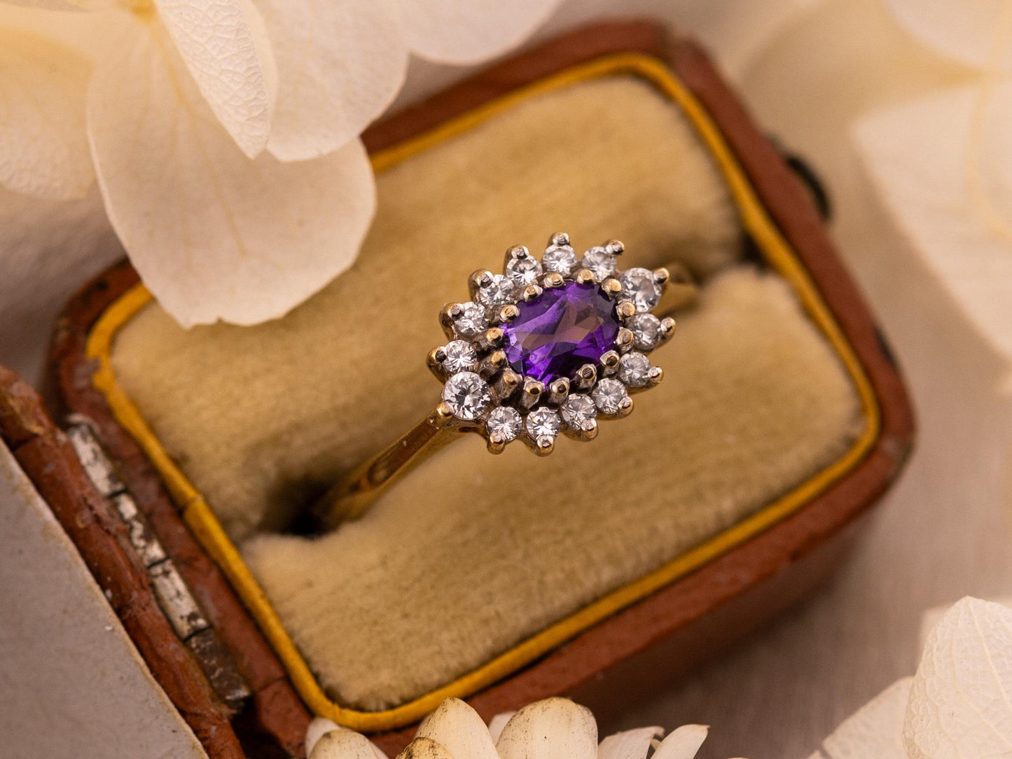 Vintage amethyst ring east to west 9k solid yellow gold ring amethyst halo ring oval cut, Size 7