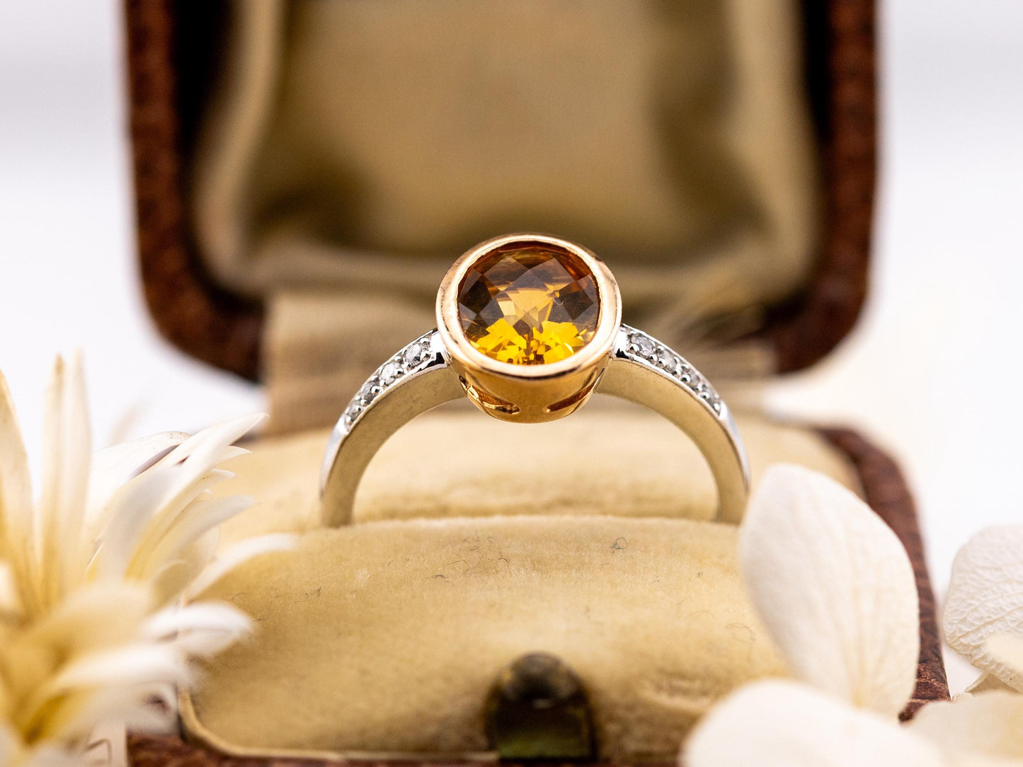 Vintage citrine ring 14k solid yellow gold citrine and diamond ring pave two tone ring November birthstone ring, Size 7