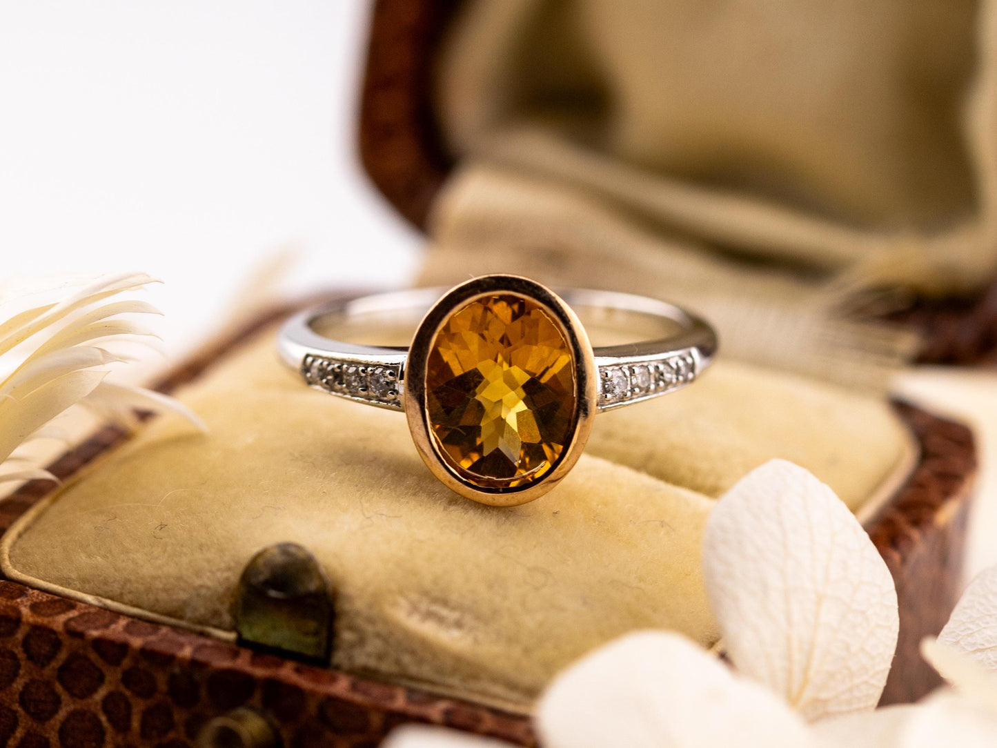 Vintage citrine ring 14k solid yellow gold citrine and diamond ring pave two tone ring November birthstone ring, Size 7