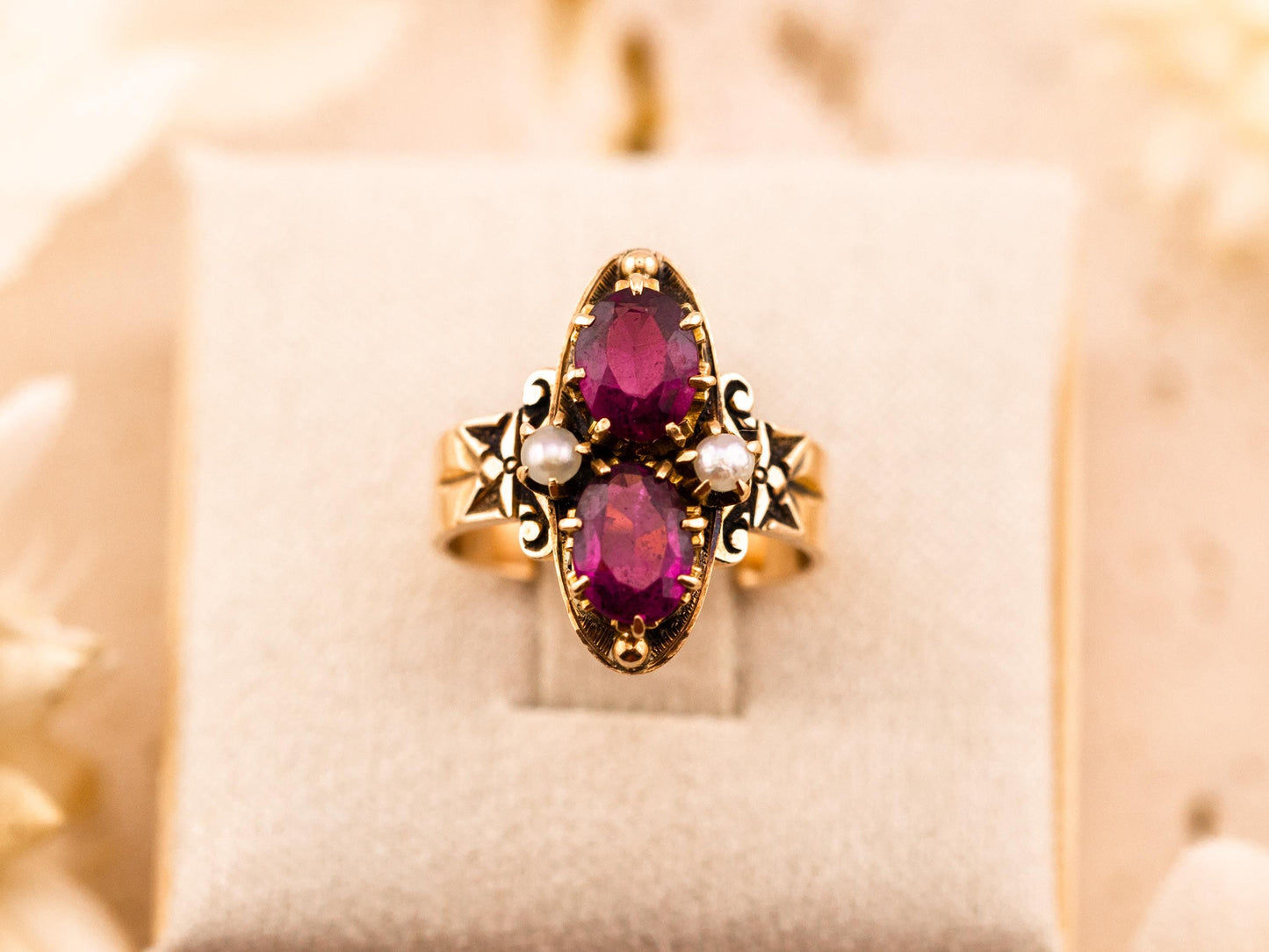 Vintage garnet and pearl ring 14k solid yellow gold Victorian ring antique vertical ring, size 4.5