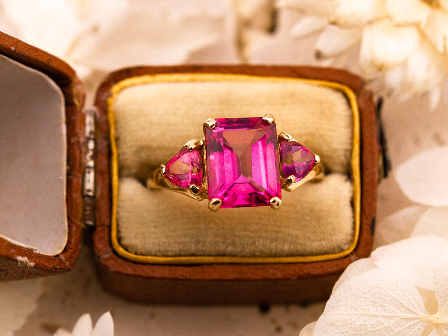 Vintage pink topaz ring emerald cut three stone ring 10k solid yellow gold ring, size 7.25