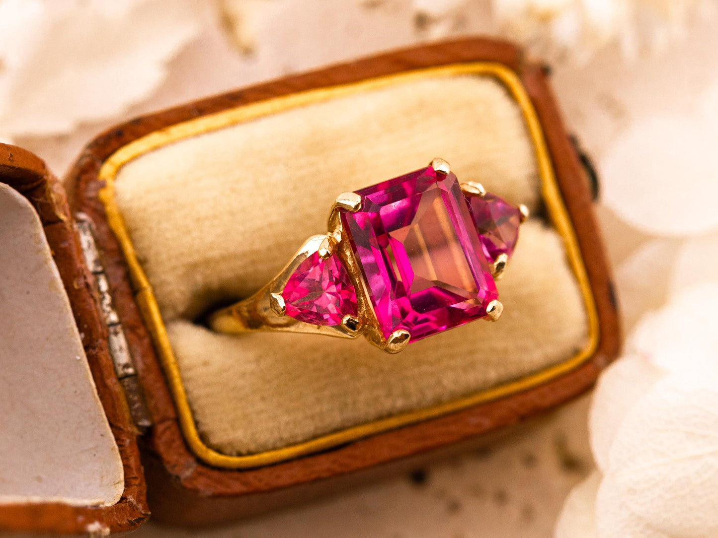 Vintage pink topaz ring emerald cut three stone ring 10k solid yellow gold ring, size 7.25