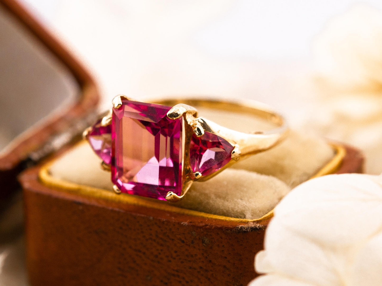 Vintage pink topaz ring emerald cut three stone ring 10k solid yellow gold ring, size 7.25