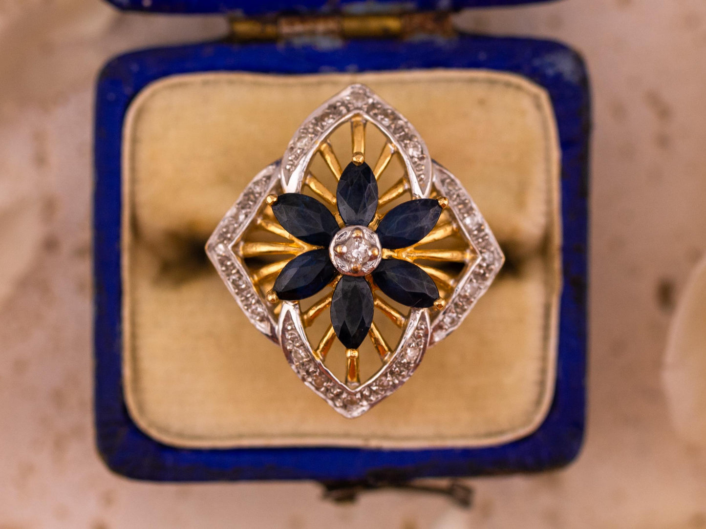 Vintage Sapphire and diamond ring marquise flower sapphire ring 14k solid yellow gold antique ring vintage ring, size 6.25