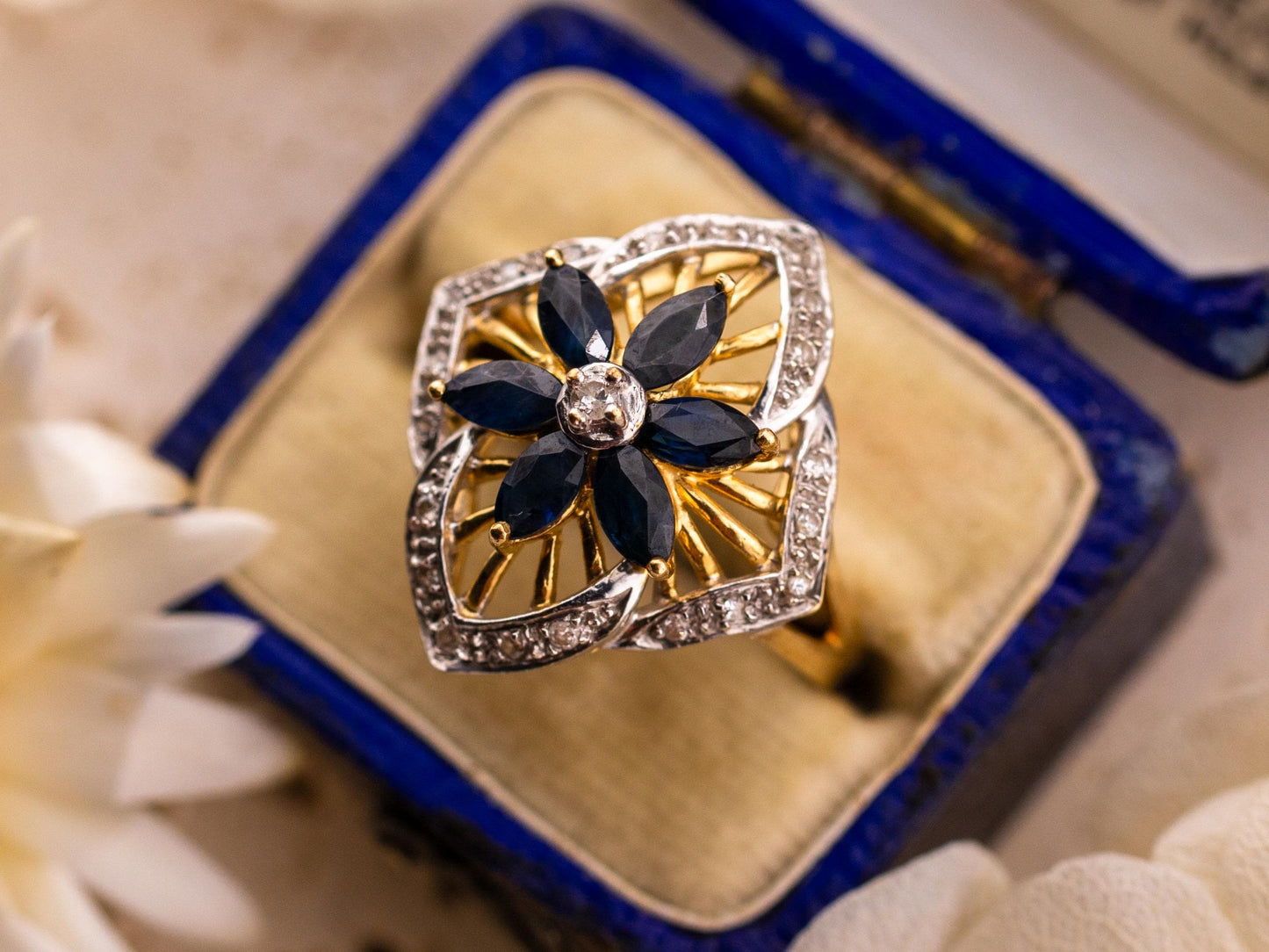 Vintage Sapphire and diamond ring marquise flower sapphire ring 14k solid yellow gold antique ring vintage ring, size 6.25