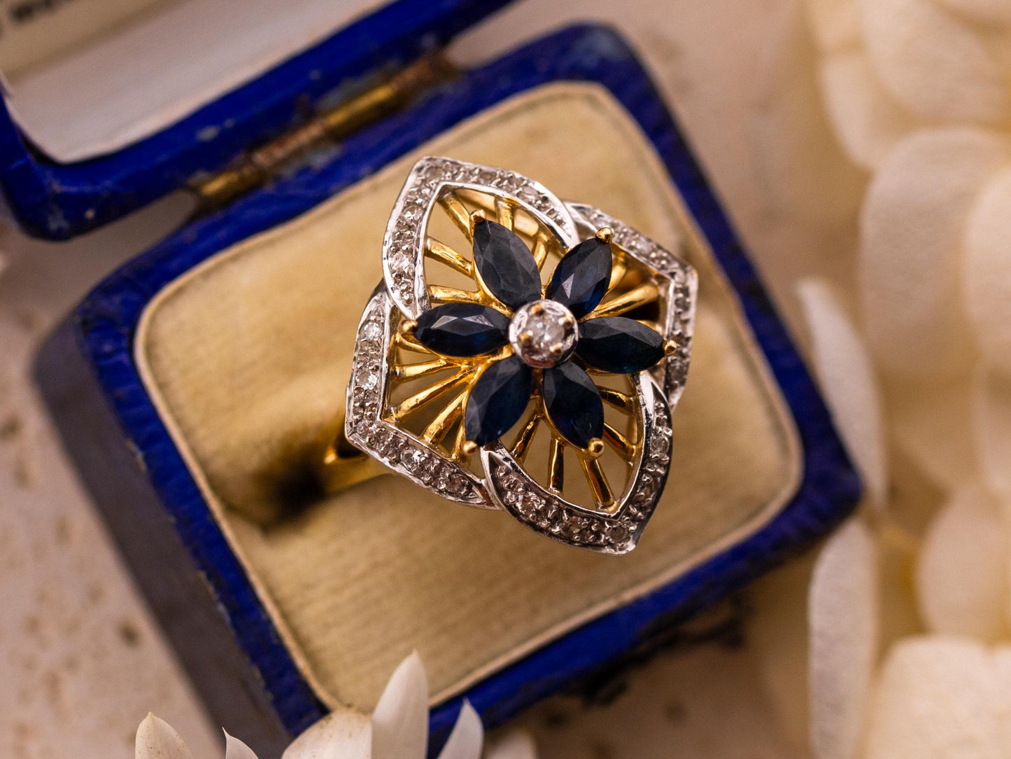 Vintage Sapphire and diamond ring marquise flower sapphire ring 14k solid yellow gold antique ring vintage ring, size 6.25