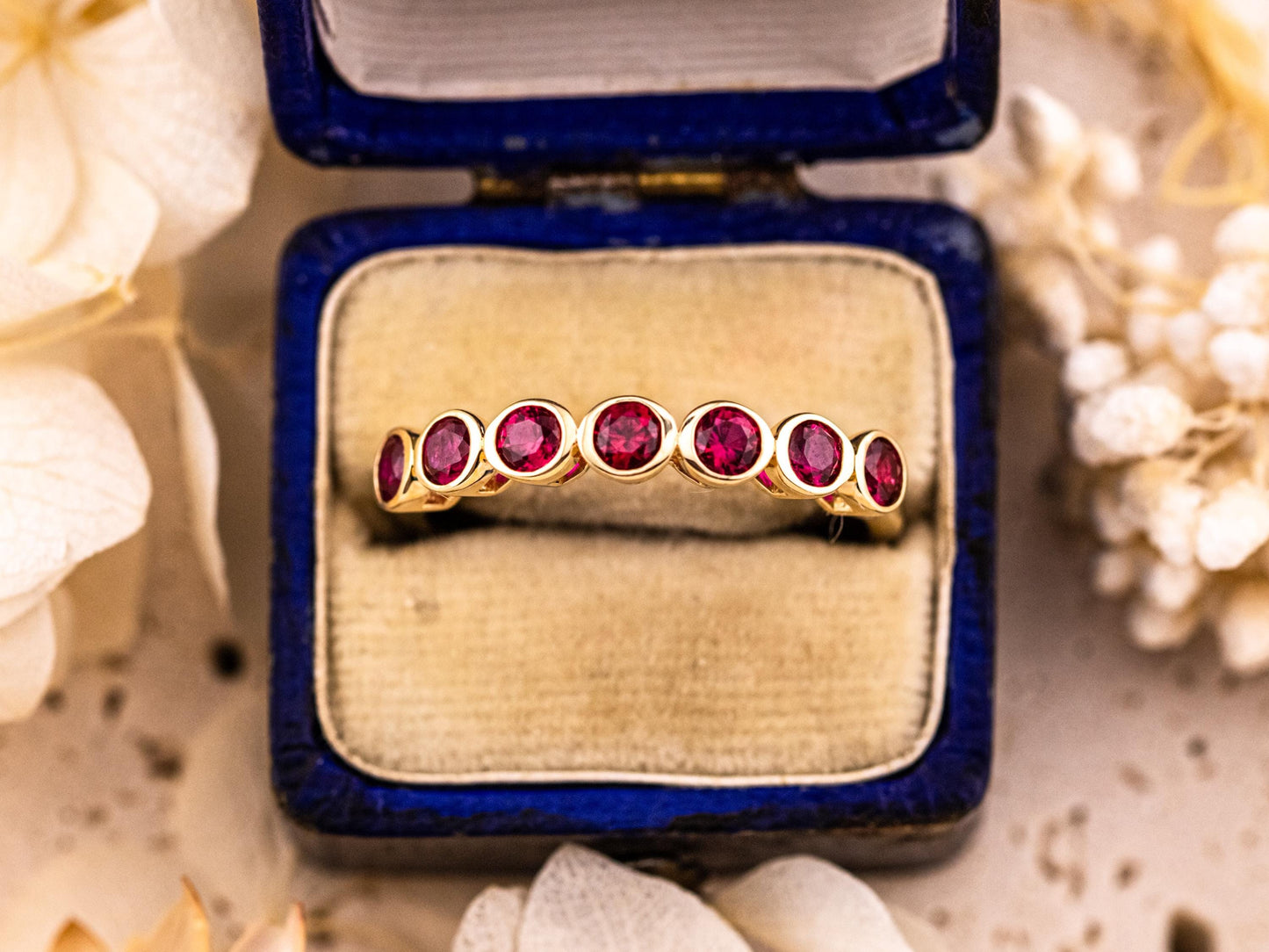 Ruby wedding band lab grown ruby ring bezel set 10k solid yellow gold