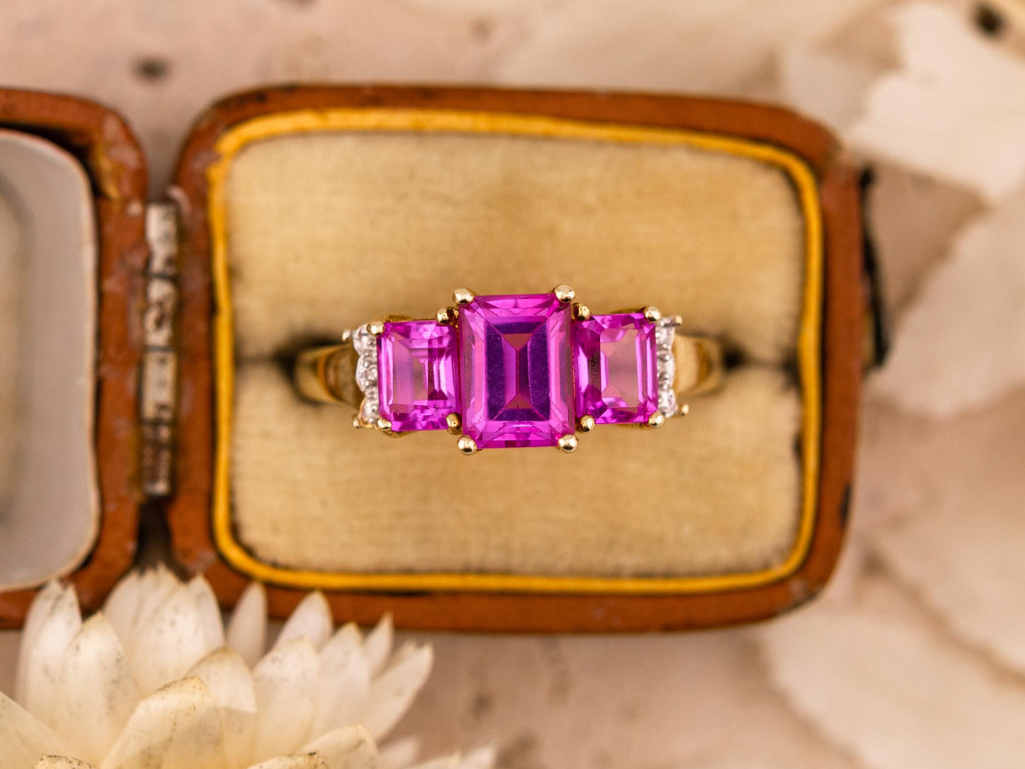 Vintage pink sapphire ring emerald cut three stone sapphire ring 10k solid yellow gold lab grown ethical pink sapphires, size 7