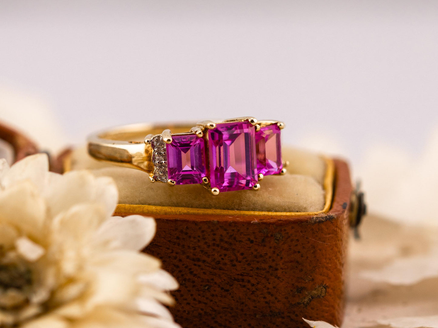 Vintage pink sapphire ring emerald cut three stone sapphire ring 10k solid yellow gold lab grown ethical pink sapphires, size 7