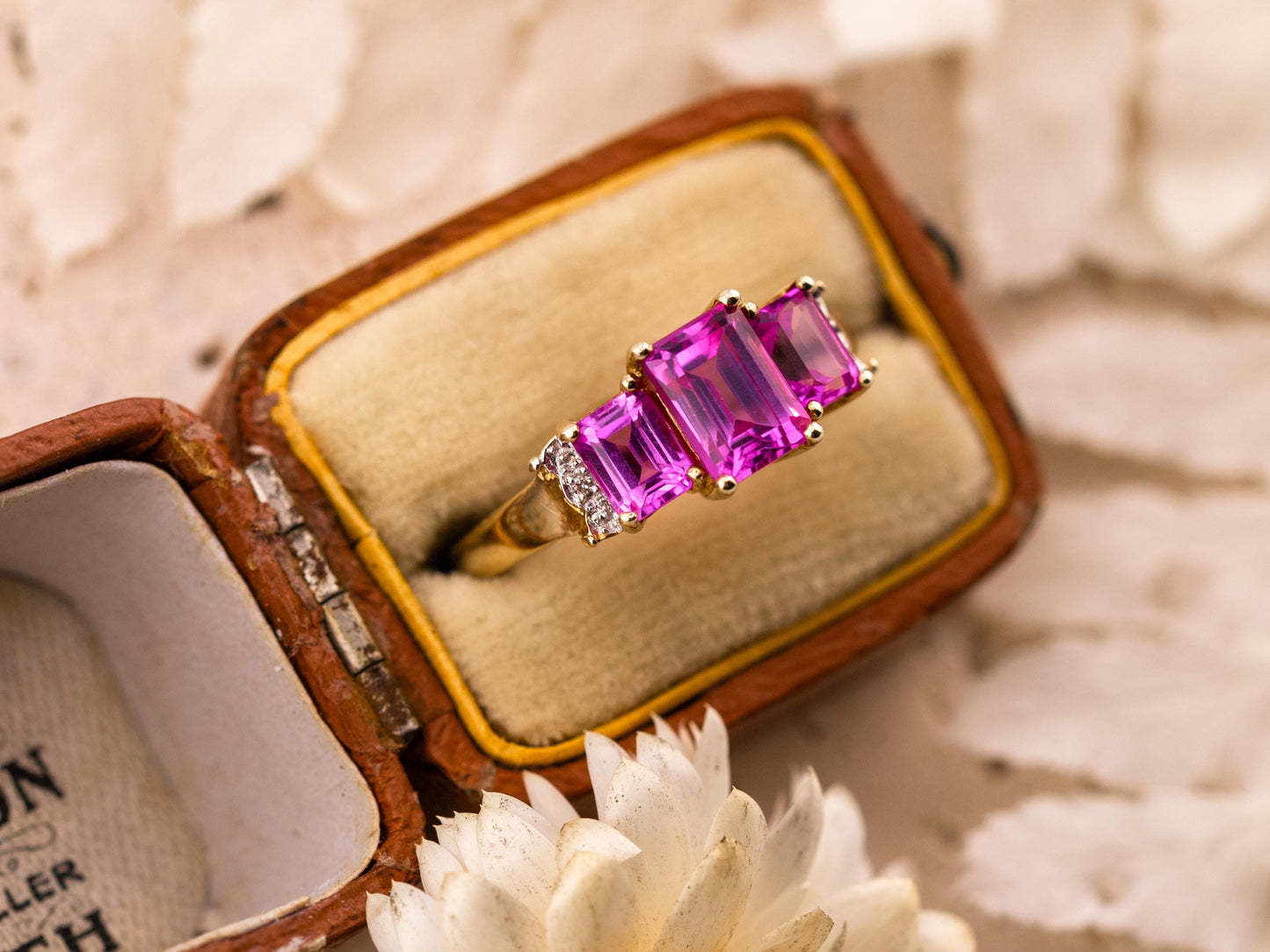 Vintage pink sapphire ring emerald cut three stone sapphire ring 10k solid yellow gold lab grown ethical pink sapphires, size 7