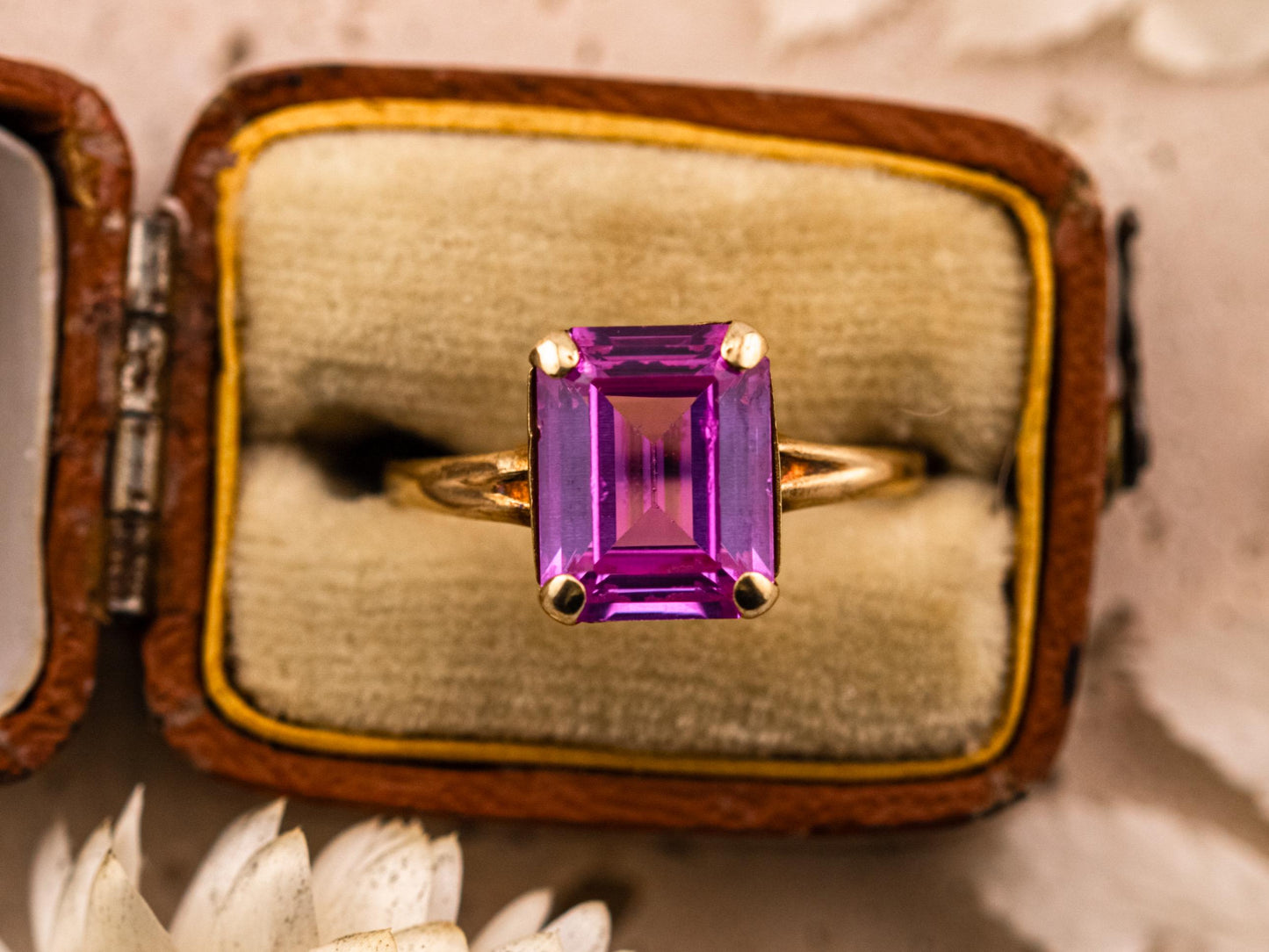 Vintage pink sapphire ring emerald cut ring 10k solid yellow gold ring, size 7.5