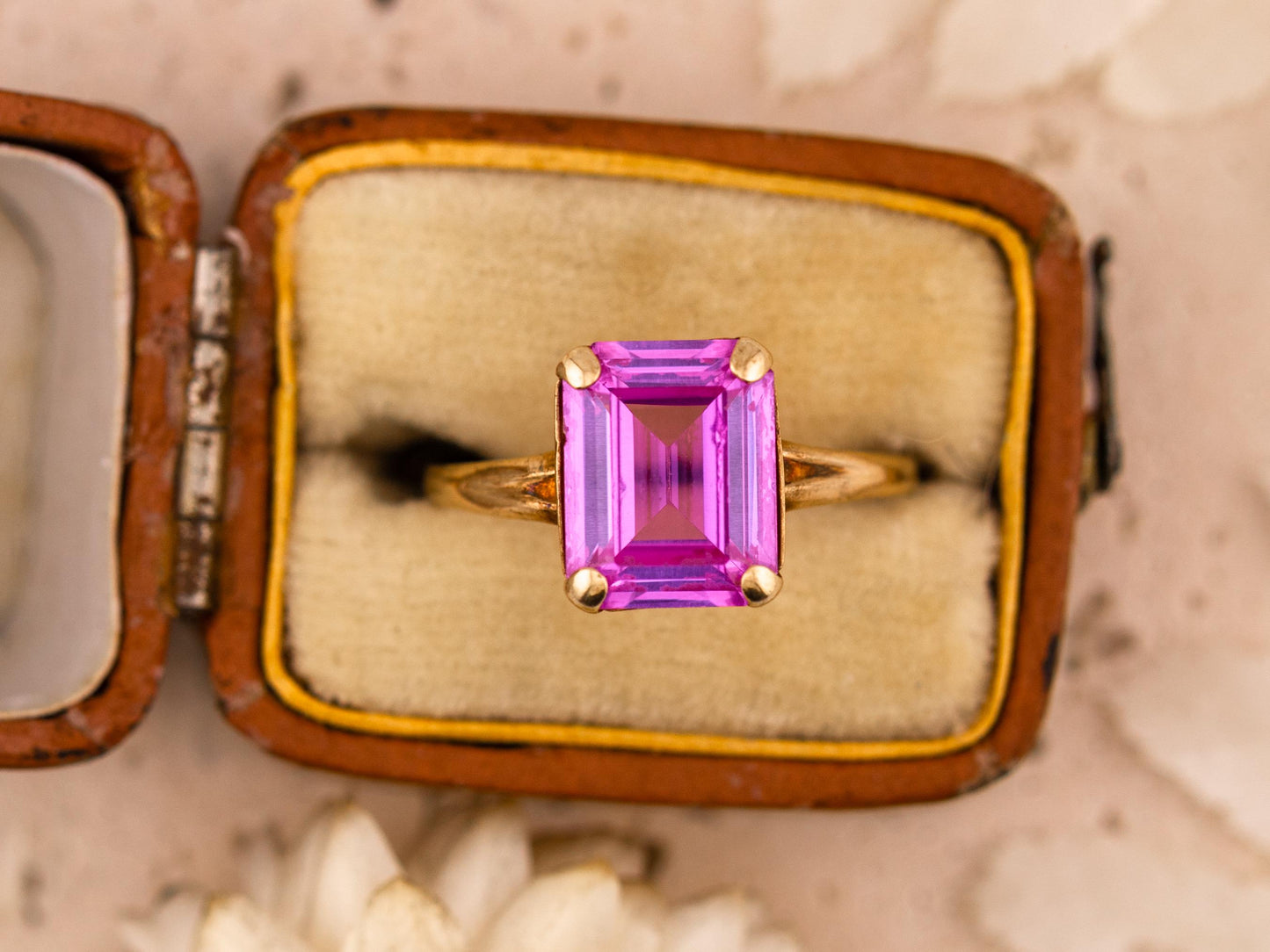 Vintage pink sapphire ring emerald cut ring 10k solid yellow gold ring, size 7.5