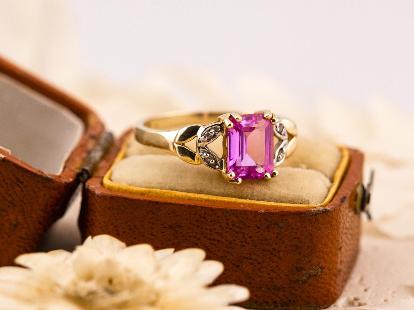 Vintage pink sapphire ring emerald cut sapphire ring 10k solid yellow gold with diamond accents antique ring, size 7.25