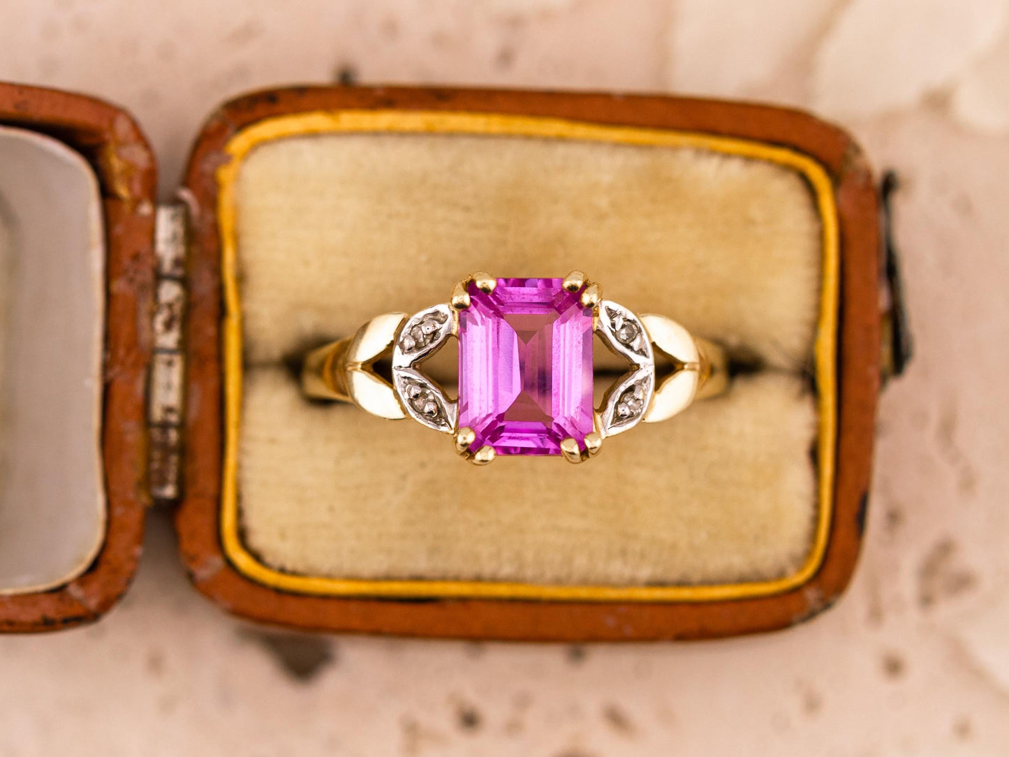 Vintage pink sapphire ring emerald cut sapphire ring 10k solid yellow gold with diamond accents antique ring, size 7.25