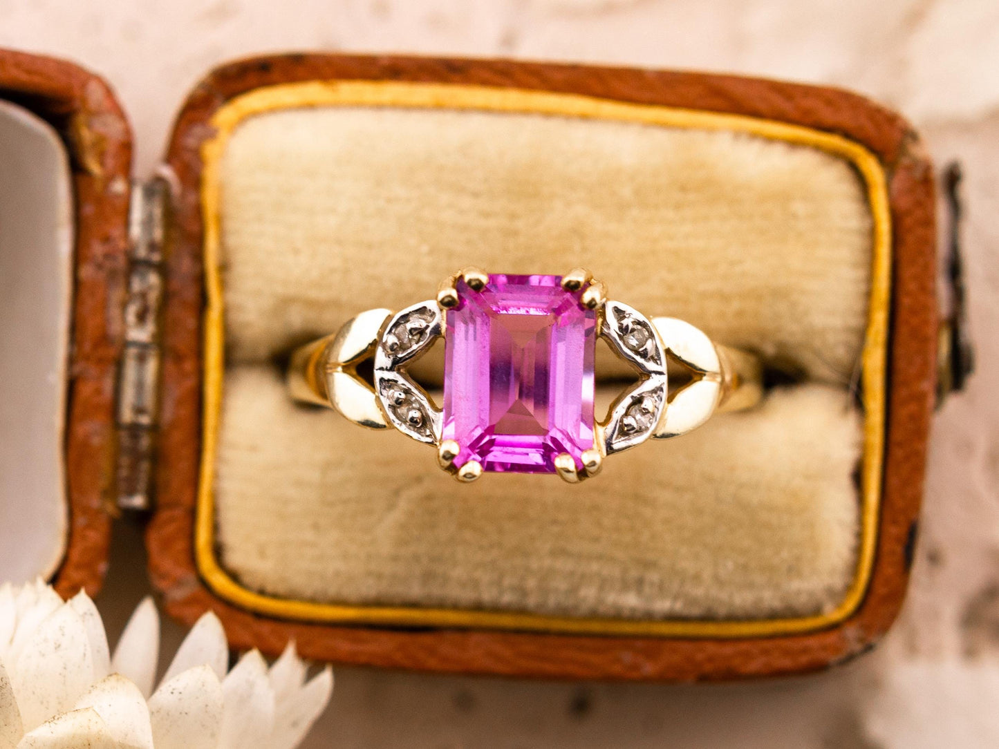 Vintage pink sapphire ring emerald cut sapphire ring 10k solid yellow gold with diamond accents antique ring, size 7.25