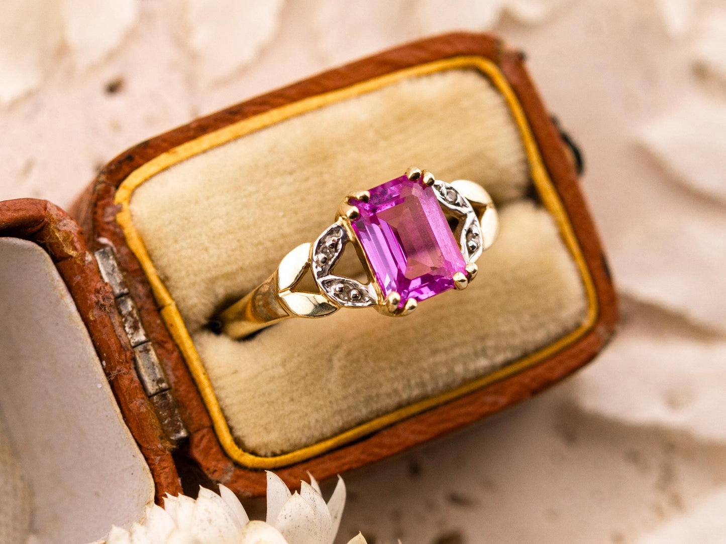 Vintage pink sapphire ring emerald cut sapphire ring 10k solid yellow gold with diamond accents antique ring, size 7.25