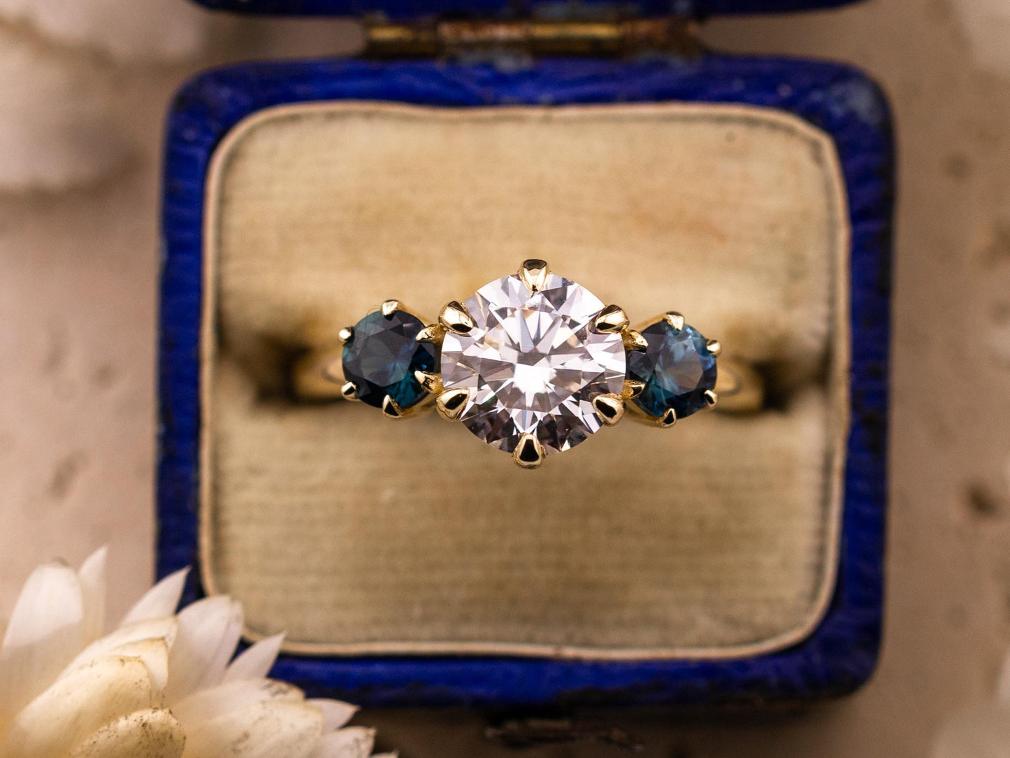 Round cut three stone engagement ring with sapphire side stones lab grown diamond 2 carat 14k solid gold IGI certified lab grown diamond
