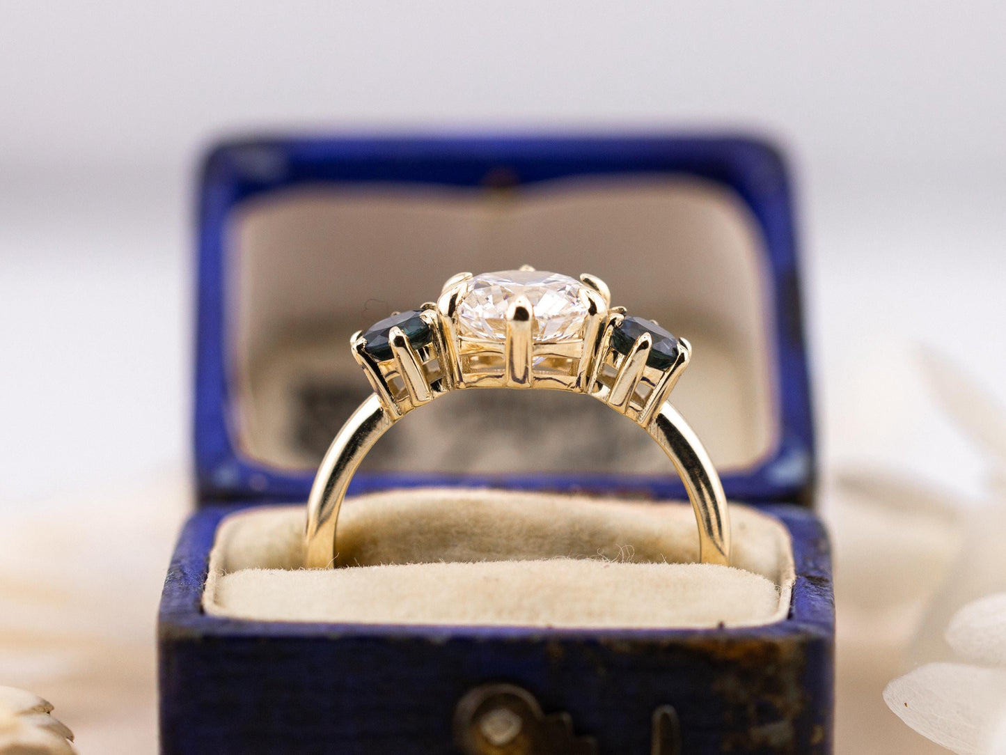 Round cut three stone engagement ring with sapphire side stones lab grown diamond 2 carat 14k solid gold IGI certified lab grown diamond