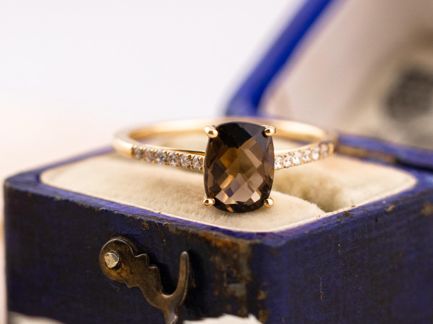 Smoky quartz and diamond ring 14k solid gold pave band ring statement or engagement ring cushion cut smoky quartz with pave band, size 7