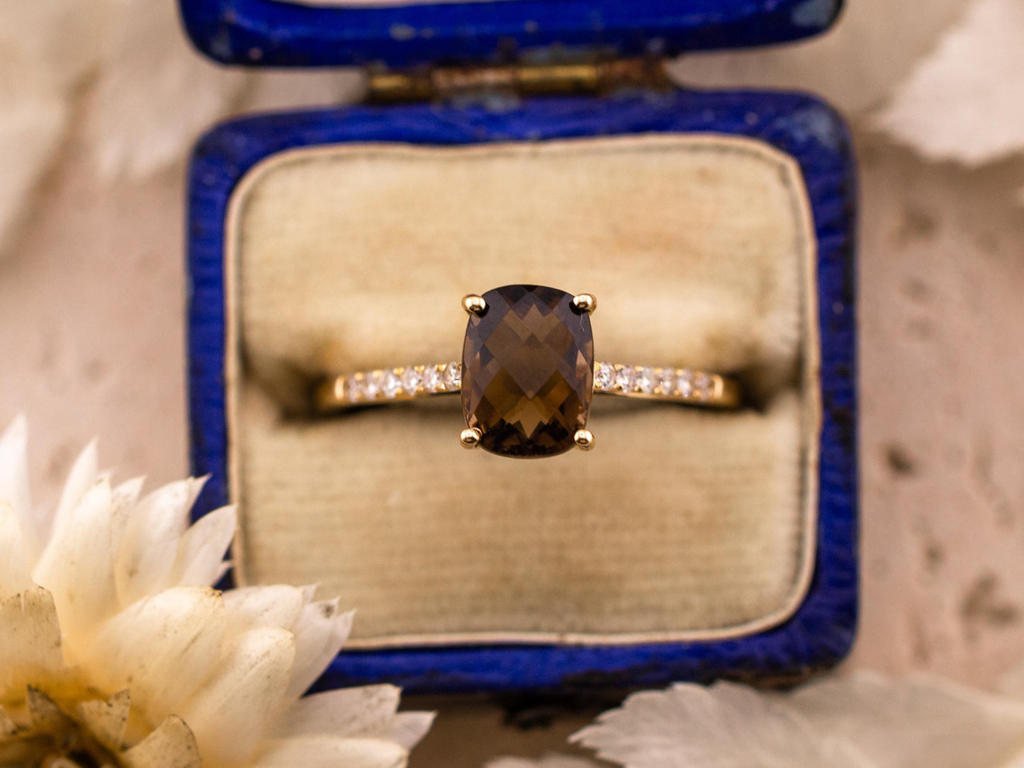 Smoky quartz and diamond ring 14k solid gold pave band ring statement or engagement ring cushion cut smoky quartz with pave band, size 7
